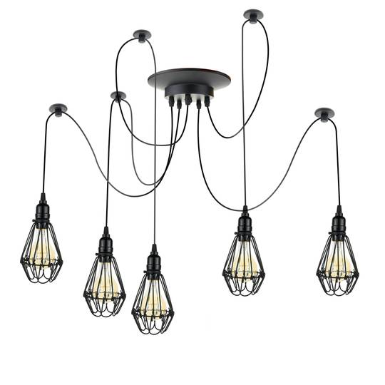 Lamp met ovale kooien voor 5 vintage E27-gloeilampen met 3 m kabel