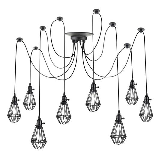 Lampada vintage con gabbie ovale per 8 lampadine di filo E27 con cavo di 3m