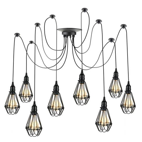 Lampada vintage con gabbie ovale per 8 lampadine di filo E27 con cavo di 3m