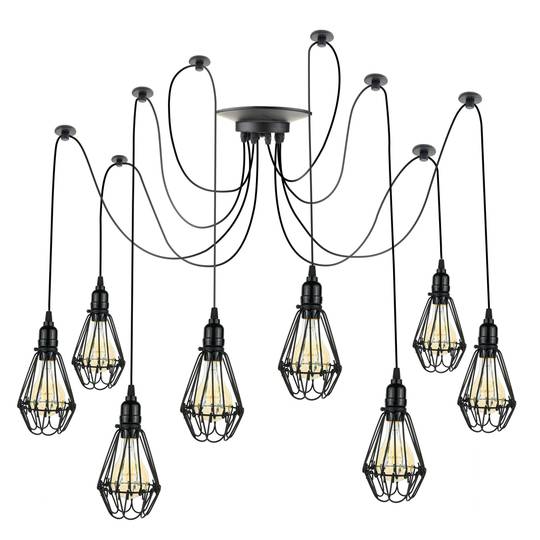 Lampada vintage con gabbie ovale per 8 lampadine di filo E27 con cavo di 3m