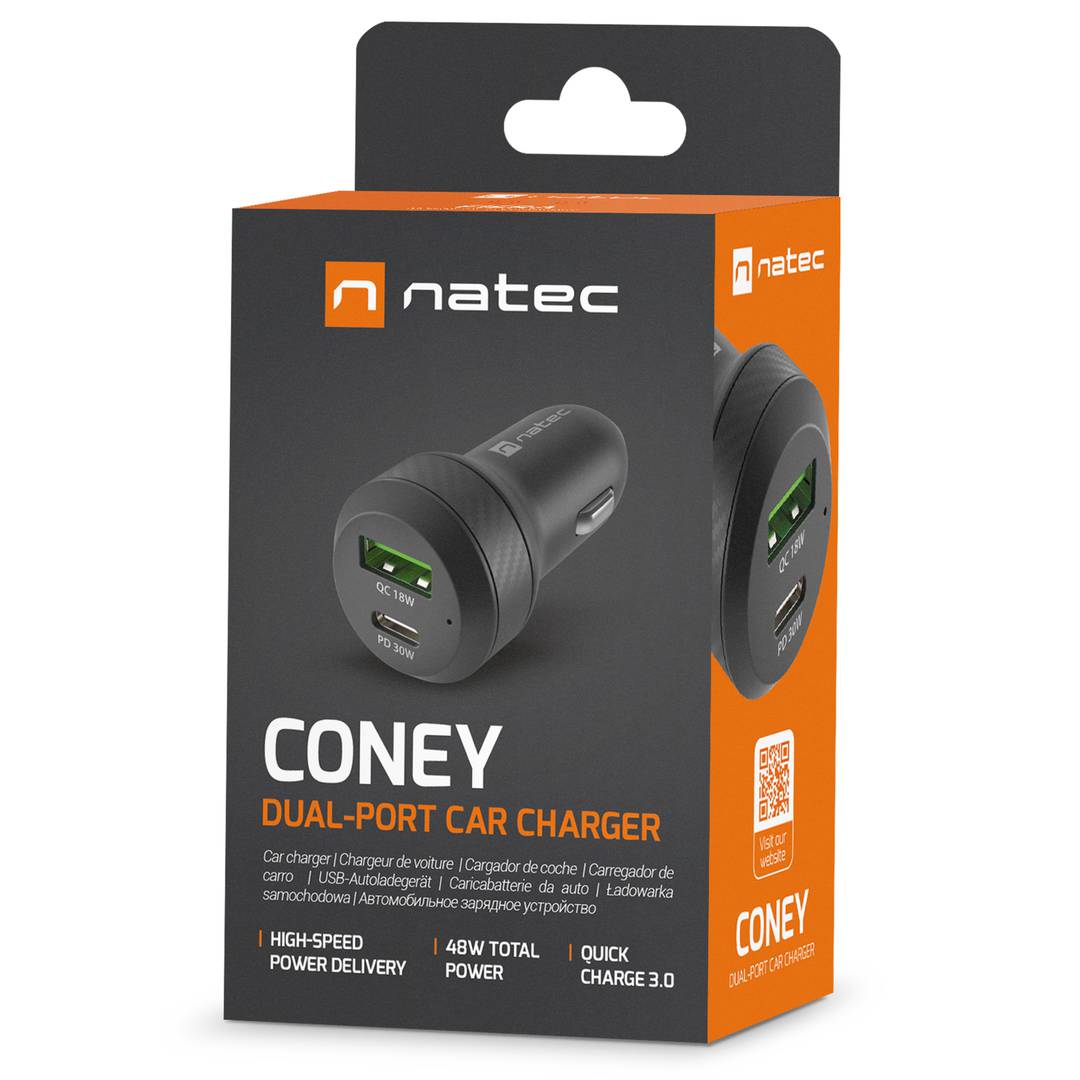 Cargador de mechero rápido para coche Natec Coney 12VDC con 1x USB-A y 1 x USB-C 3.0 48W NUC-1980