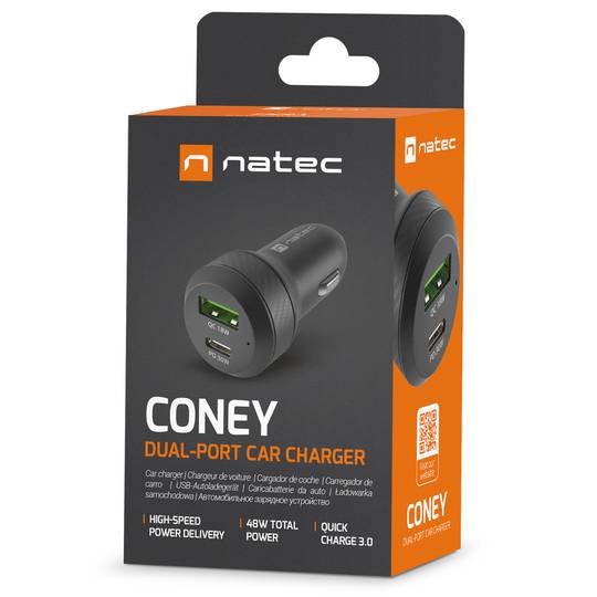 Cargador de mechero rápido para coche Natec Coney 12VDC con 1x USB-A y 1 x USB-C 3.0 48W NUC-1980