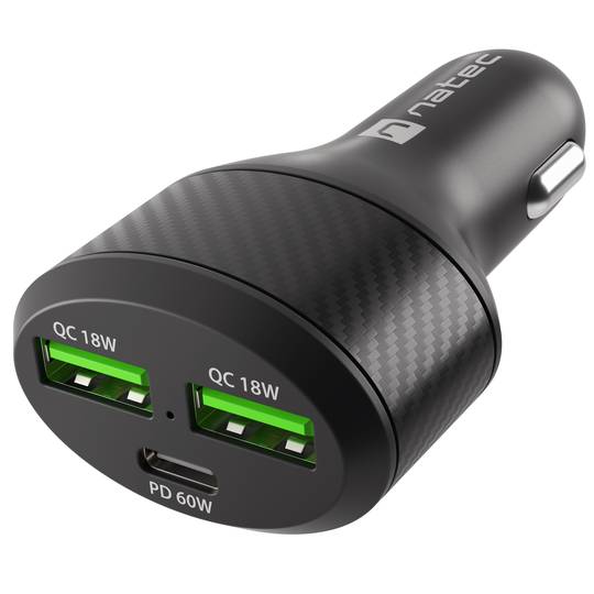 Carregador rápido de cigarro para carro Natec Coney 12VDC com 2 x USB-A e 1 x USB-C 3.0 84W NUC-1981