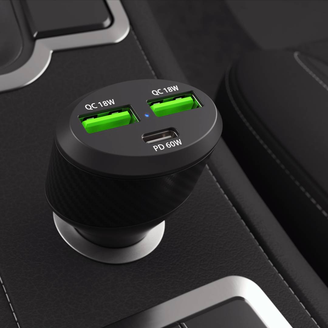 Carregador rápido de cigarro para carro Natec Coney 12VDC com 2 x USB-A e 1 x USB-C 3.0 84W NUC-1981
