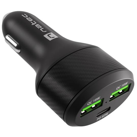 Carregador rápido de cigarro para carro Natec Coney 12VDC com 2 x USB-A e 1 x USB-C 3.0 84W NUC-1981