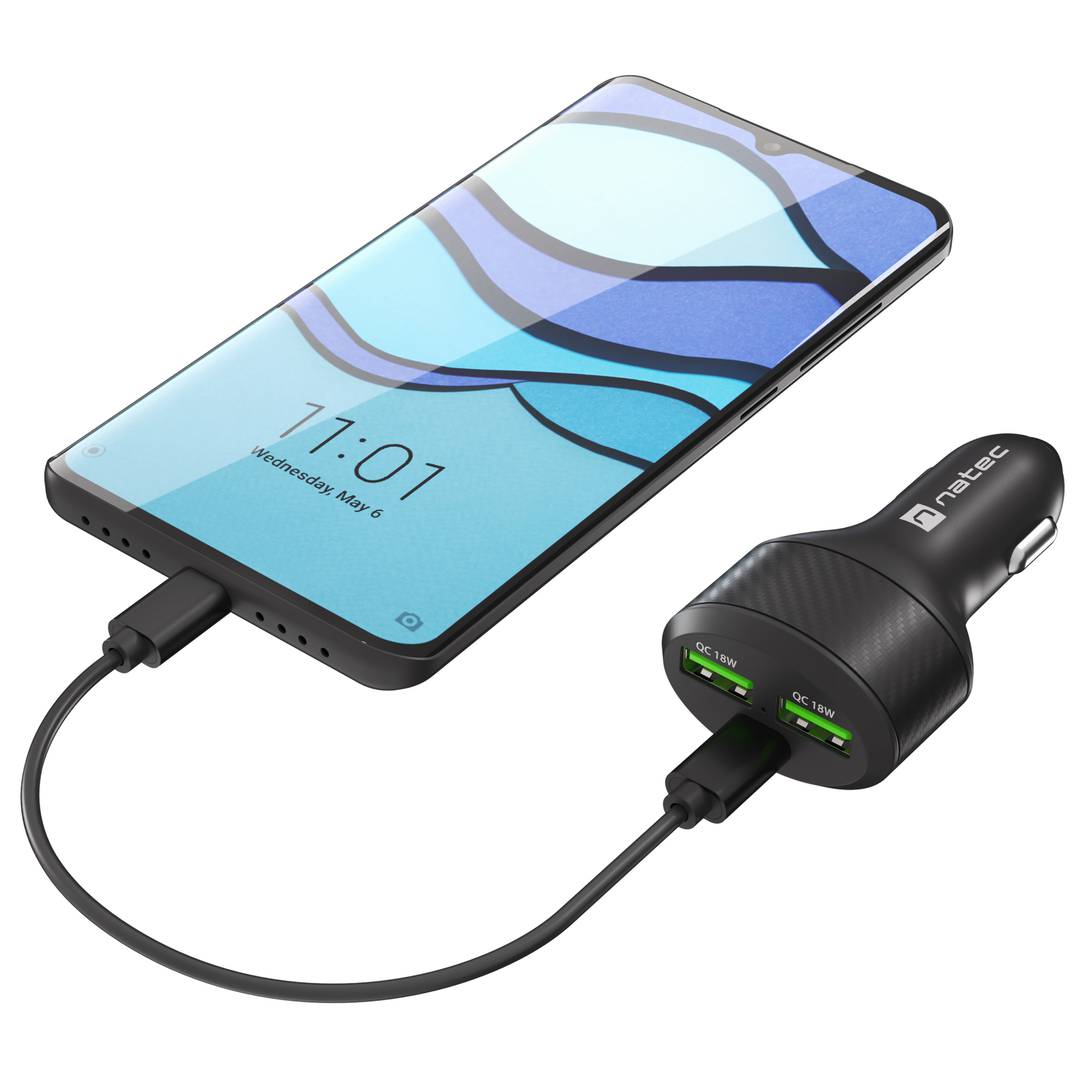 Carregador rápido de cigarro para carro Natec Coney 12VDC com 2 x USB-A e 1 x USB-C 3.0 84W NUC-1981