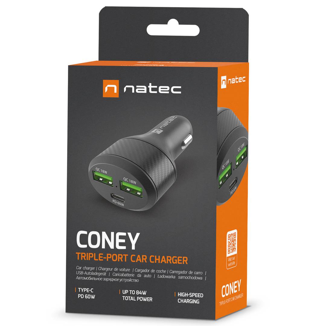 Carregador rápido de cigarro para carro Natec Coney 12VDC com 2 x USB-A e 1 x USB-C 3.0 84W NUC-1981