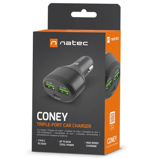 Carregador rápido de cigarro para carro Natec Coney 12VDC com 2 x USB-A e 1 x USB-C 3.0 84W NUC-1981