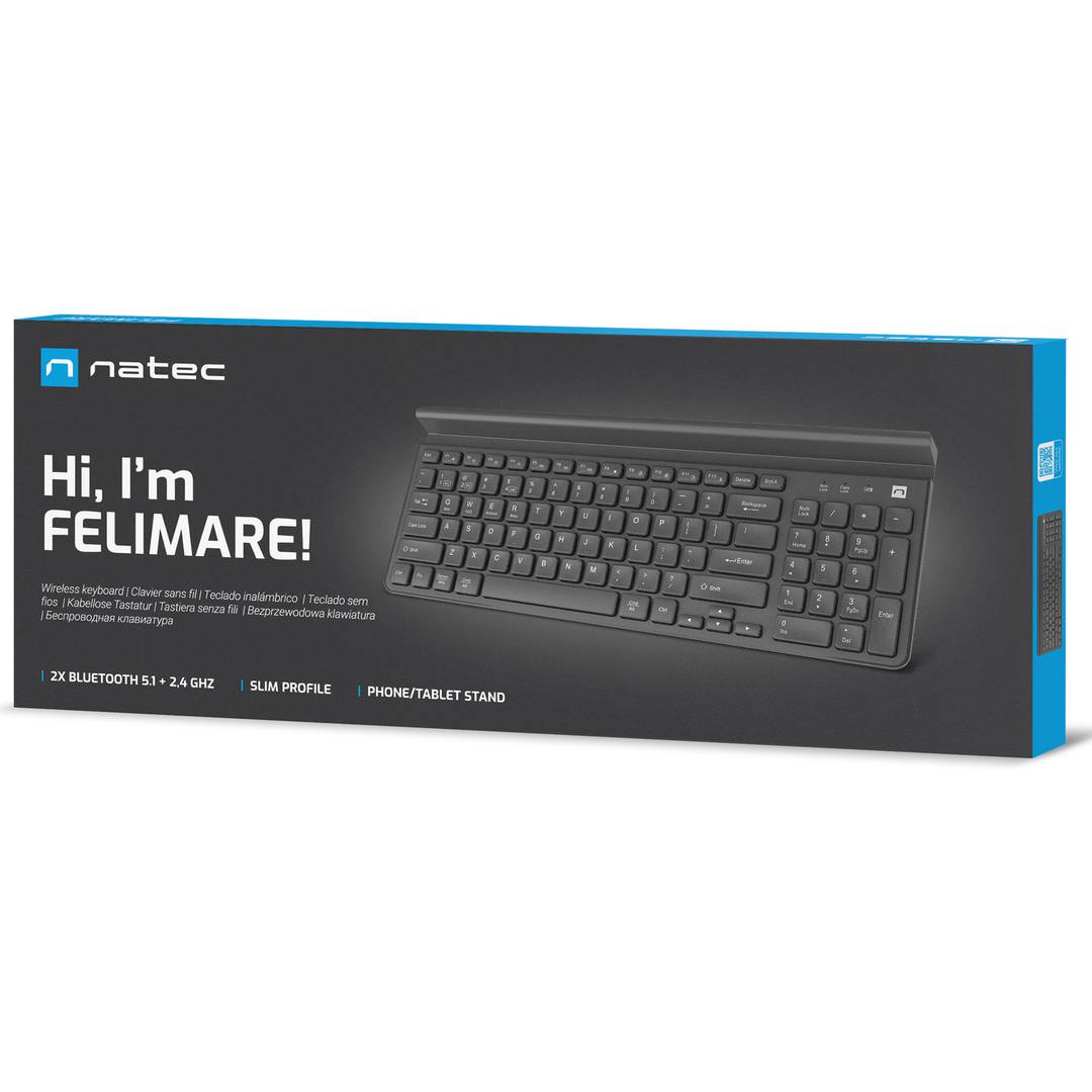 Teclado americano fino com suporte para tablet e smartphone Natec Felimare Wireless + Bluetooth + 2.4GHZ NKL-1973
