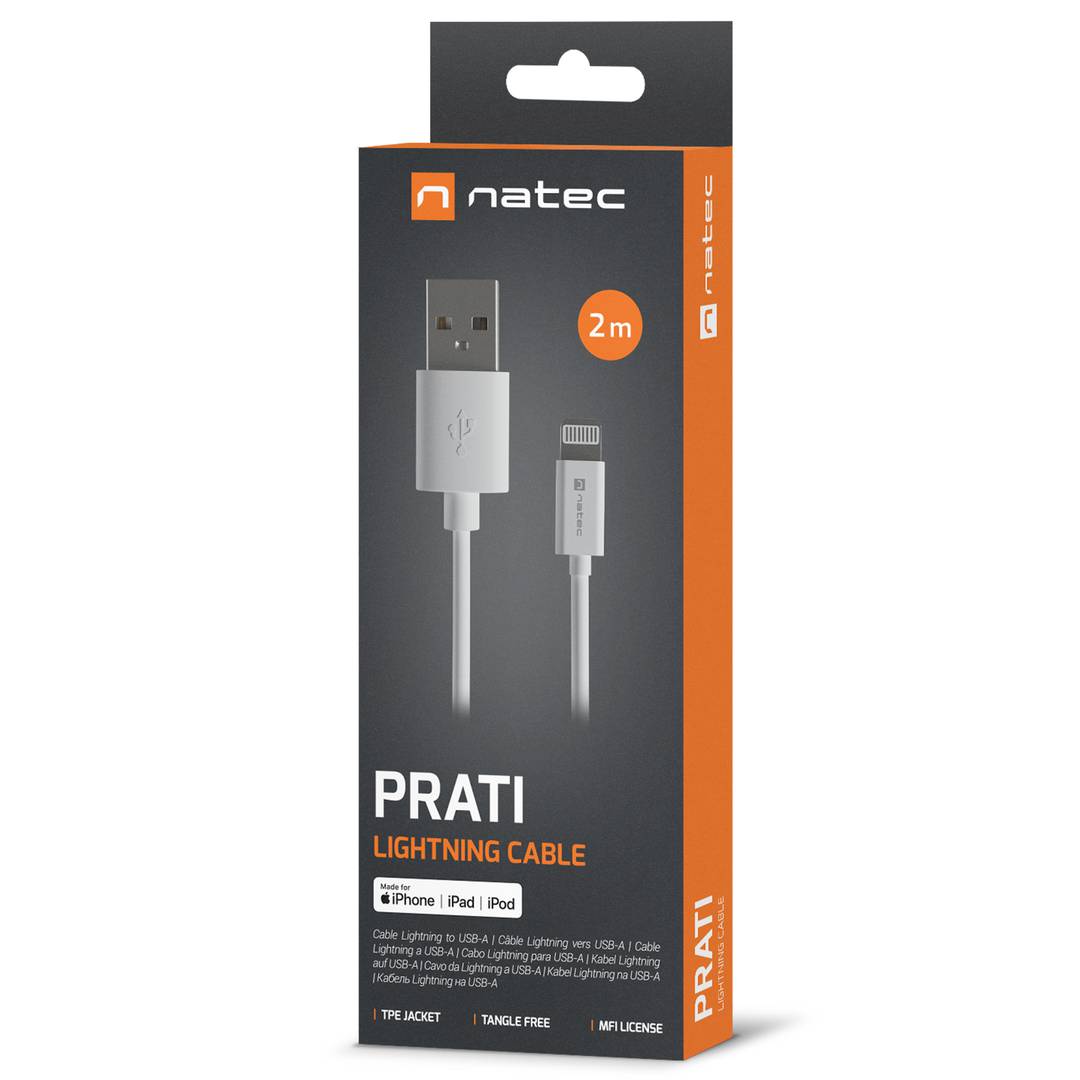 Cable USB tipus A mascle a connector lightning mascle color blanc de 2 metres NATEC PRATI NKA-2149