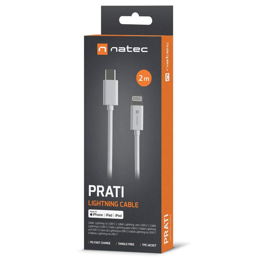 Cabo USB Tipo C Macho para Lightning Macho, Branco, 2 Metros, NATEC PRATI NKA-2151