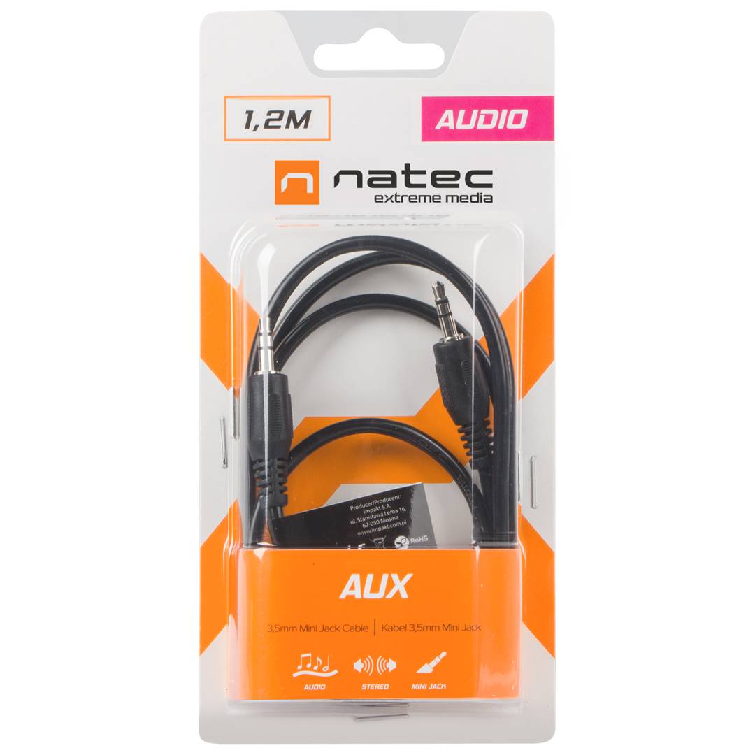 Cabo de áudio estéreo Minijack 3,5 mm M/M preto com 3 pinos 1,2 m Natec Extreme Media NKA-0538