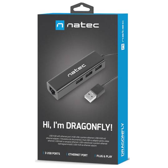 Natec Dragonfly NHU-1413 3-portowy koncentrator USB typu A 2.0 + RJ45 czarny
