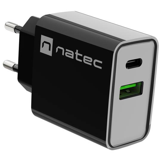 Carregador USB Natec Ribera 1X USB-A + 1X USB-C 20W preto NUC-2062