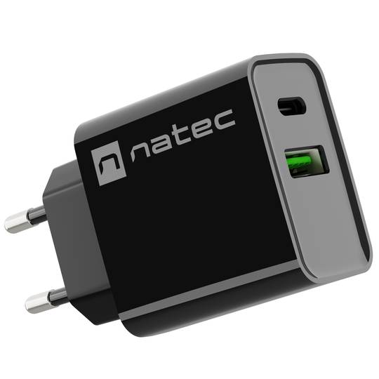 Carregador USB Natec Ribera 1X USB-A + 1X USB-C 20W preto NUC-2062