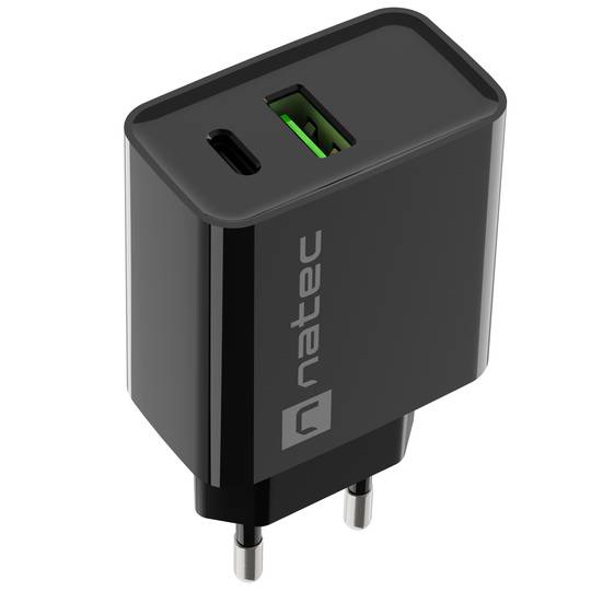 Carregador USB Natec Ribera 1X USB-A + 1X USB-C 20W preto NUC-2062