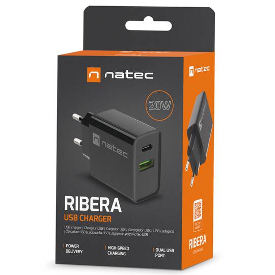 Carregador USB Natec Ribera 1X USB-A + 1X USB-C 20W preto NUC-2062
