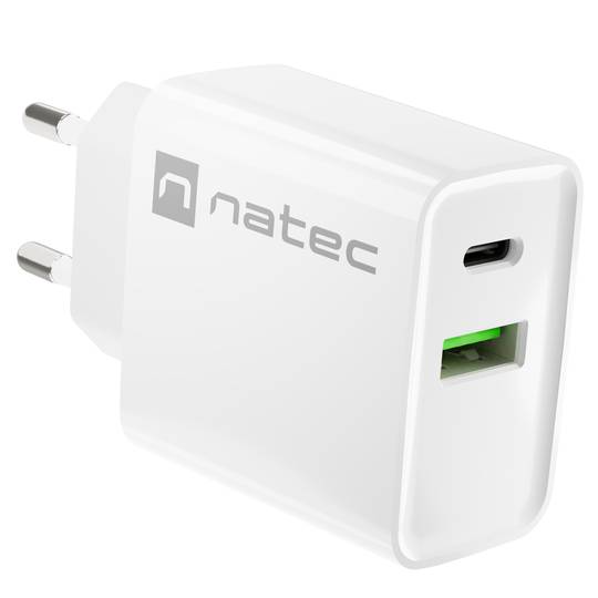 Carregador USB Natec Ribera 1X USB-A + 1X USB-C 20W branco NUC-2061