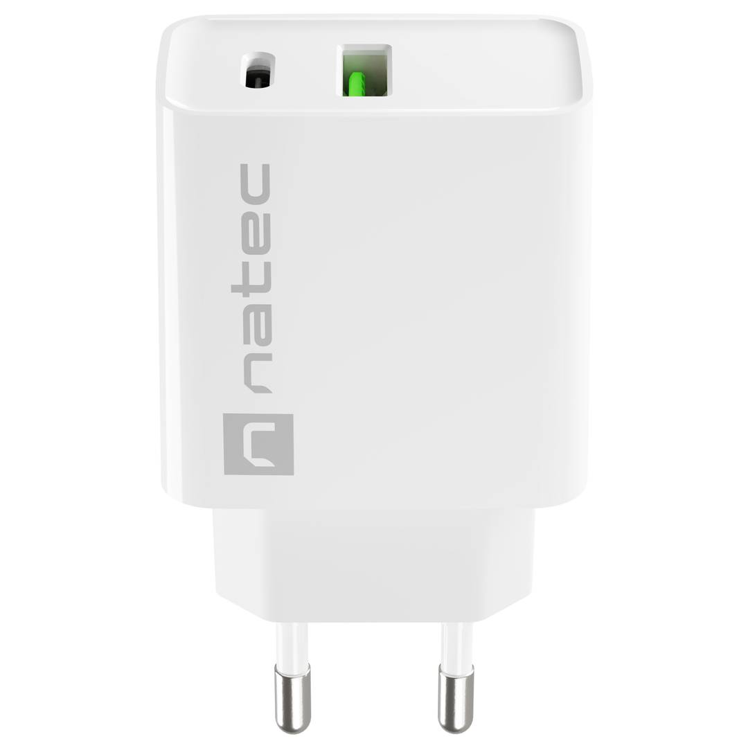 Carregador USB Natec Ribera 1X USB-A + 1X USB-C 20W branco NUC-2061