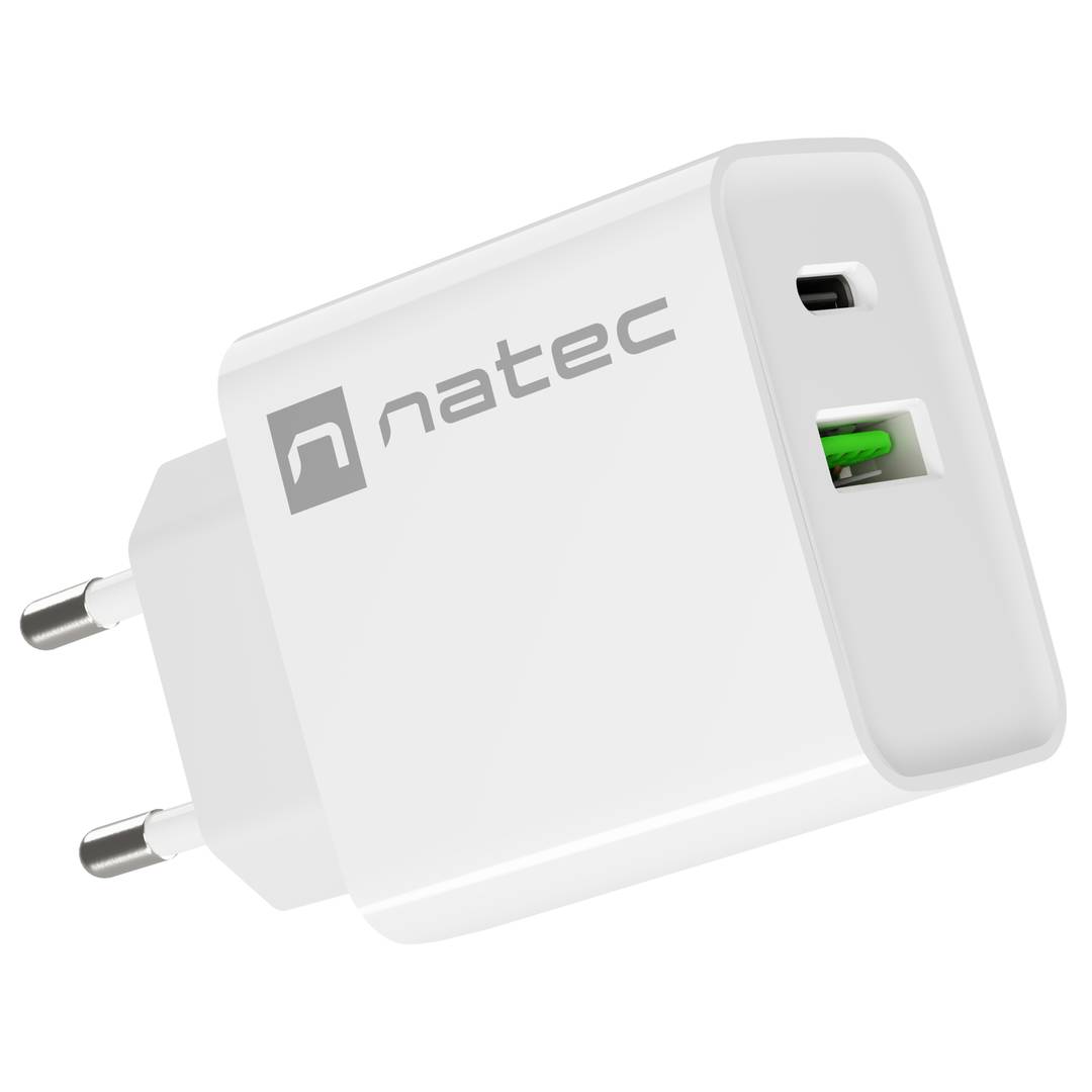 Carregador USB Natec Ribera 1X USB-A + 1X USB-C 20W branco NUC-2061