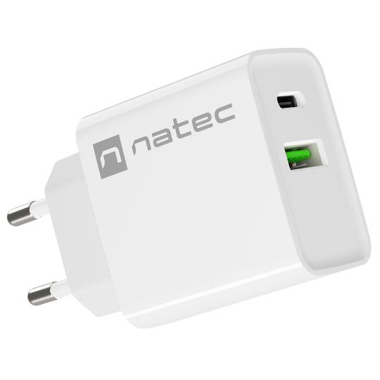 Carregador USB Natec Ribera 1X USB-A + 1X USB-C 20W branco NUC-2061