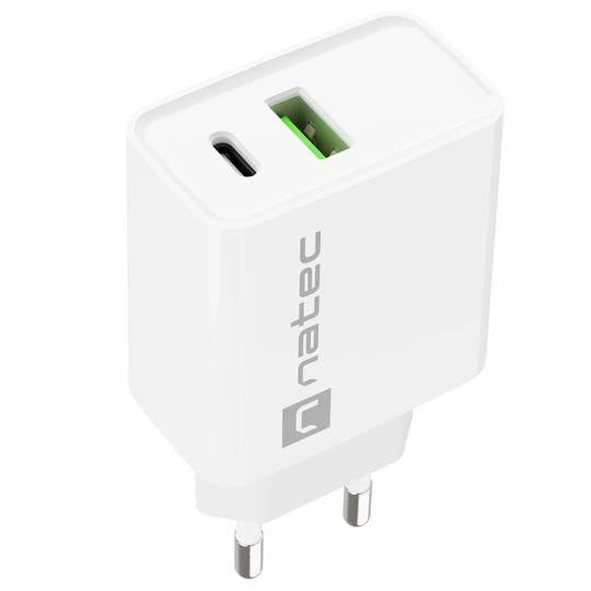 Carregador USB Natec Ribera 1X USB-A + 1X USB-C 20W branco NUC-2061