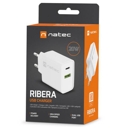 Carregador USB Natec Ribera 1X USB-A + 1X USB-C 20W branco NUC-2061