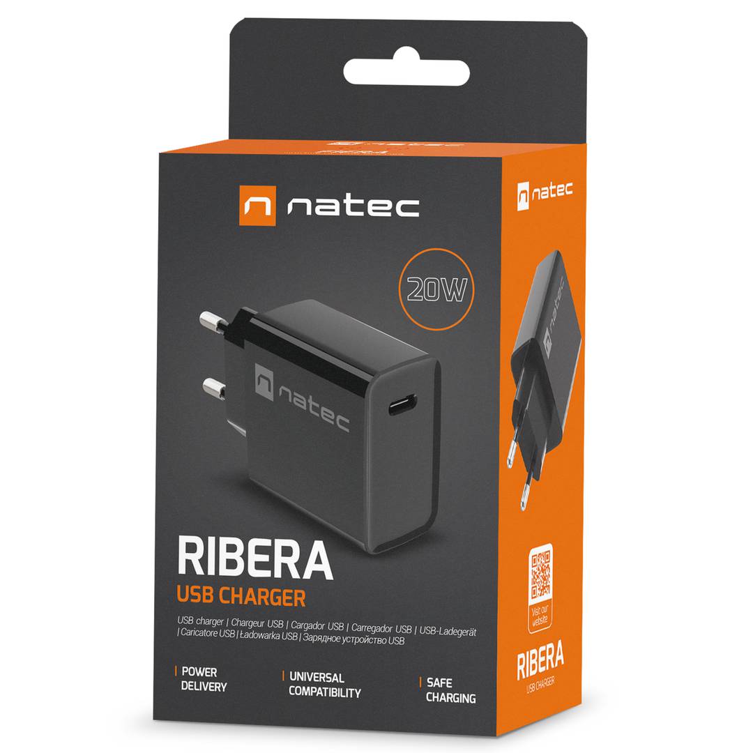 Natec Ribera Chargeur USB 1X USB-C 20W noir NUC-2060