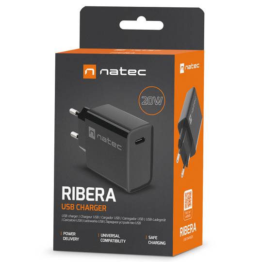 Natec Ribera Chargeur USB 1X USB-C 20W noir NUC-2060
