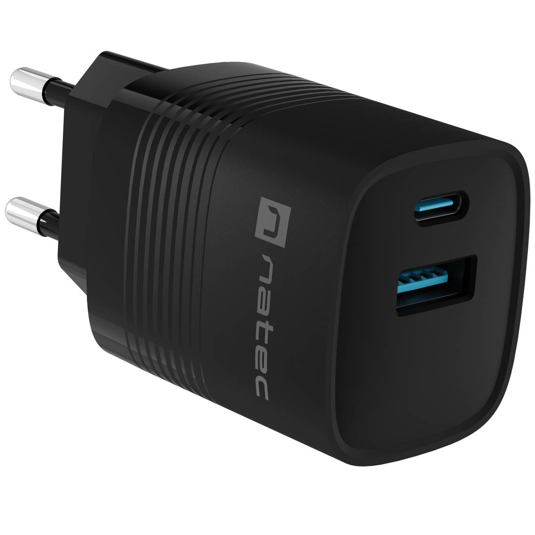 Carregador USB Natec Ribera GaN 1X USB-A + 1X USB-C 30W preto NUC-2141