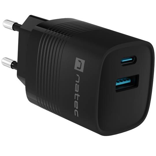 Carregador USB Natec Ribera GaN 1X USB-A + 1X USB-C 30W preto NUC-2141