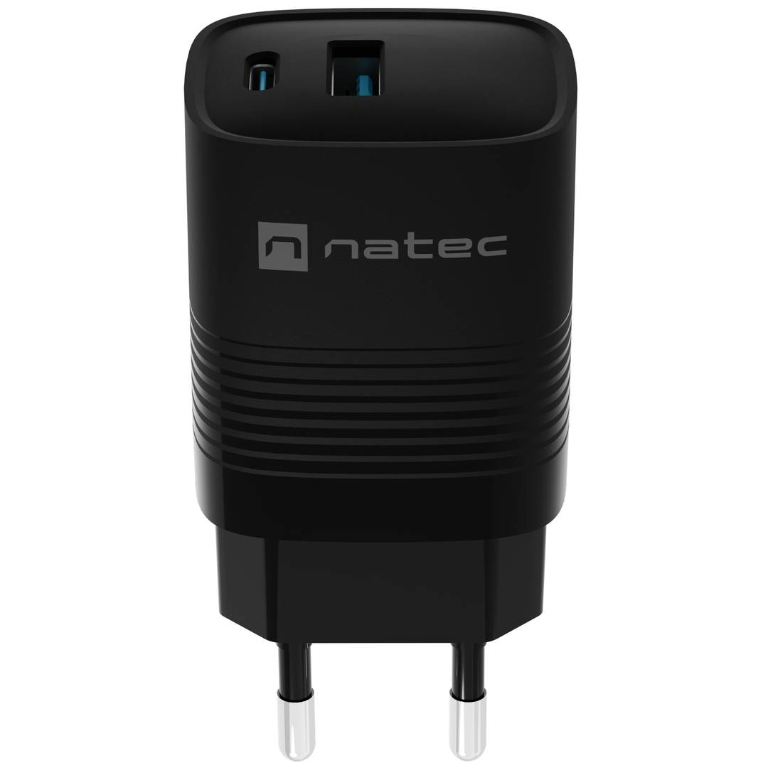 Carregador USB Natec Ribera GaN 1X USB-A + 1X USB-C 30W preto NUC-2141