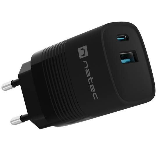 Carregador USB Natec Ribera GaN 1X USB-A + 1X USB-C 30W preto NUC-2141