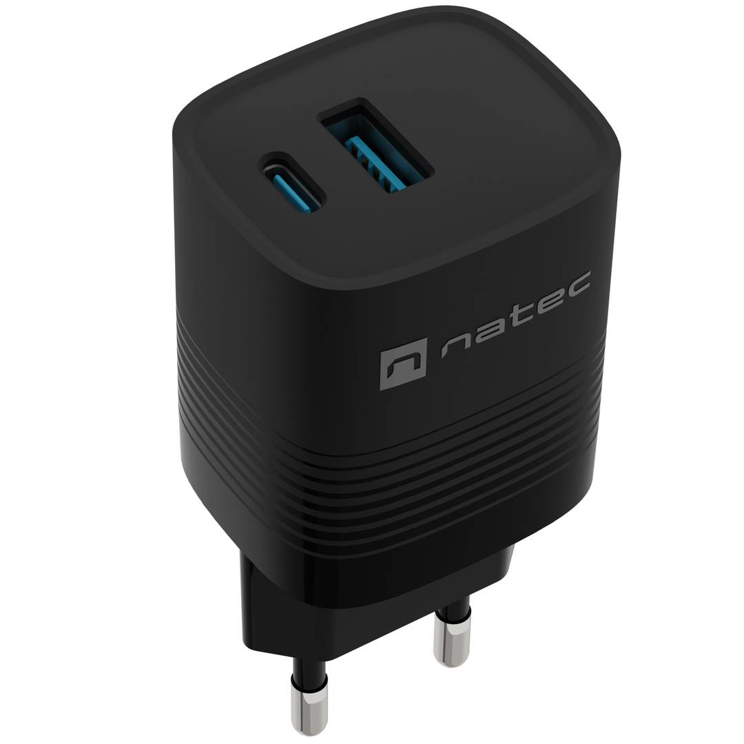 Carregador USB Natec Ribera GaN 1X USB-A + 1X USB-C 30W preto NUC-2141