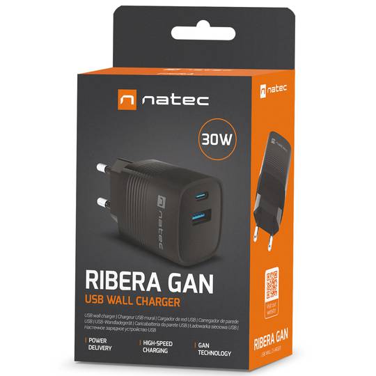 Carregador USB Natec Ribera GaN 1X USB-A + 1X USB-C 30W preto NUC-2141