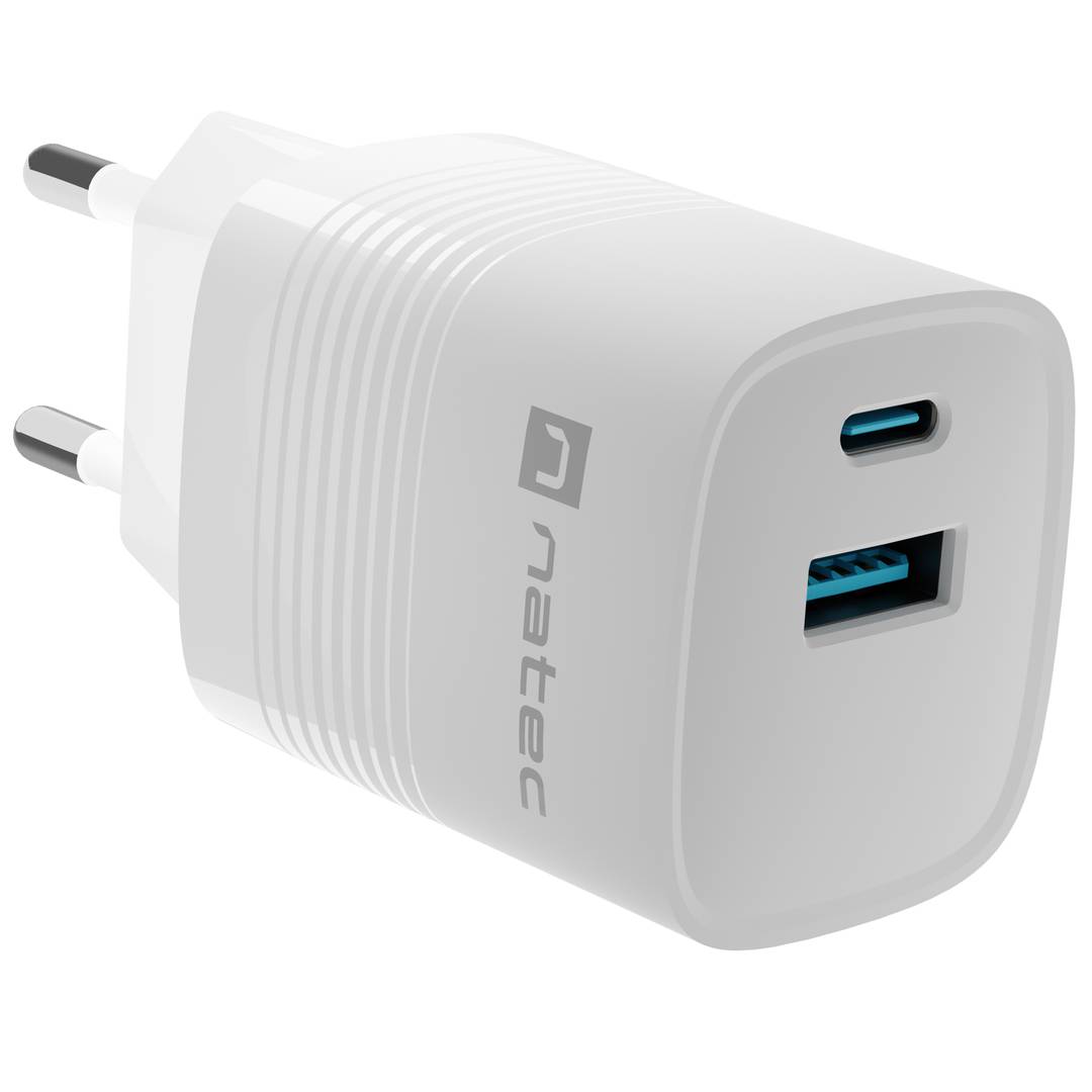 Carregador USB Natec Ribera GaN 1X USB-A + 1X USB-C 30W branco NUC-2140
