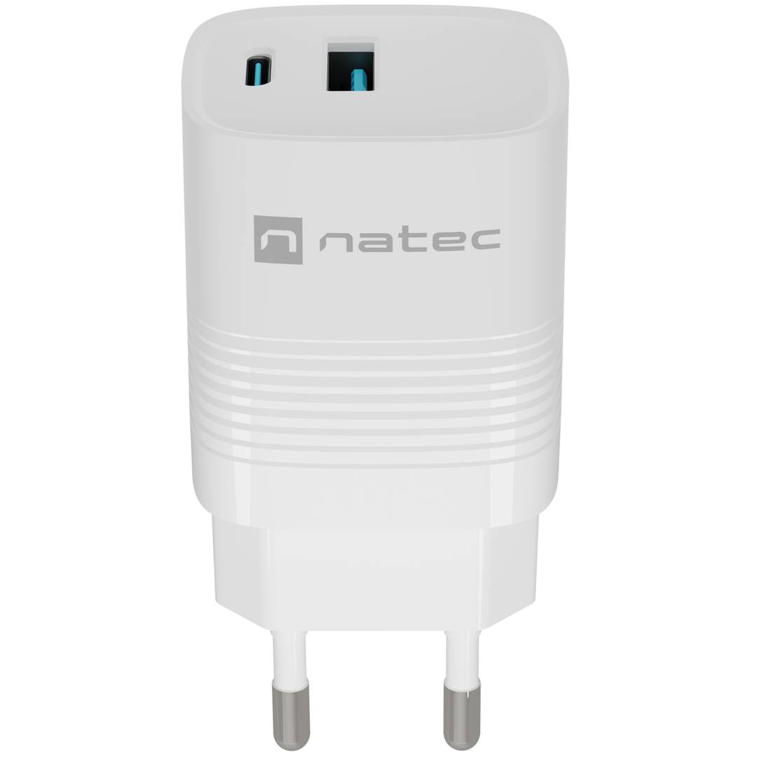 Carregador USB Natec Ribera GaN 1X USB-A + 1X USB-C 30W branco NUC-2140