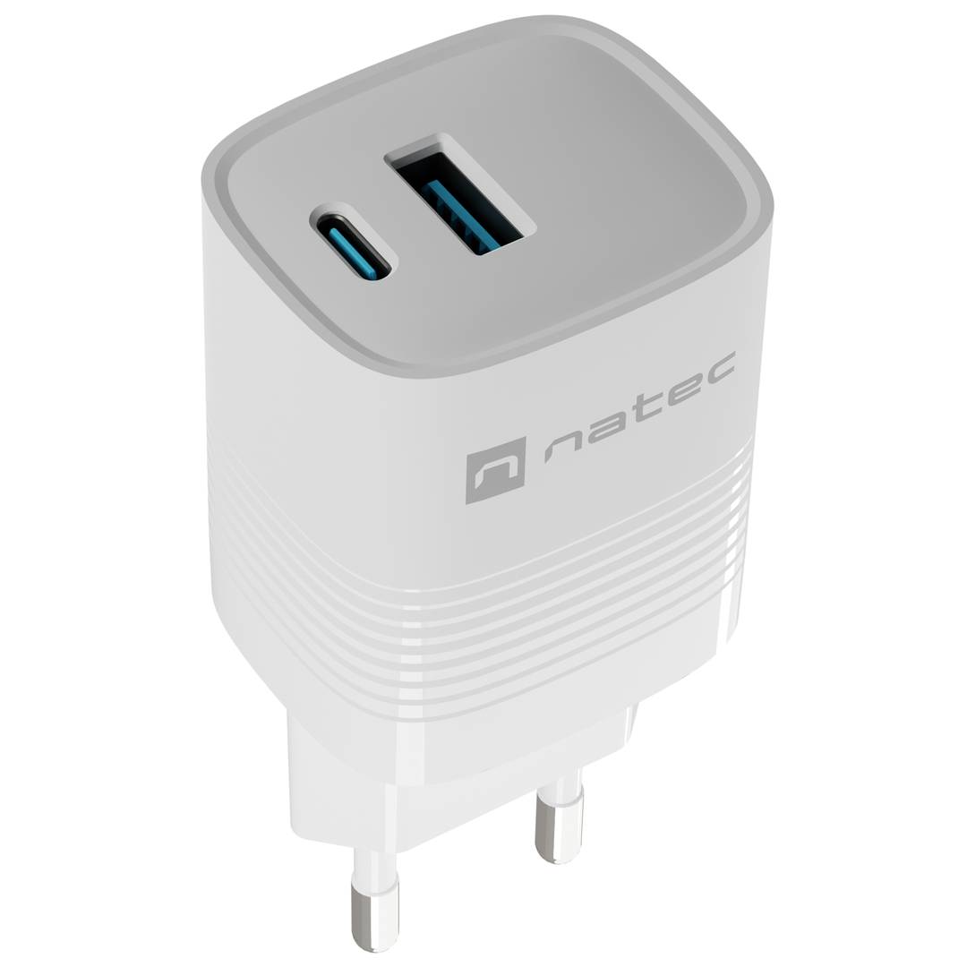 Carregador USB Natec Ribera GaN 1X USB-A + 1X USB-C 30W branco NUC-2140