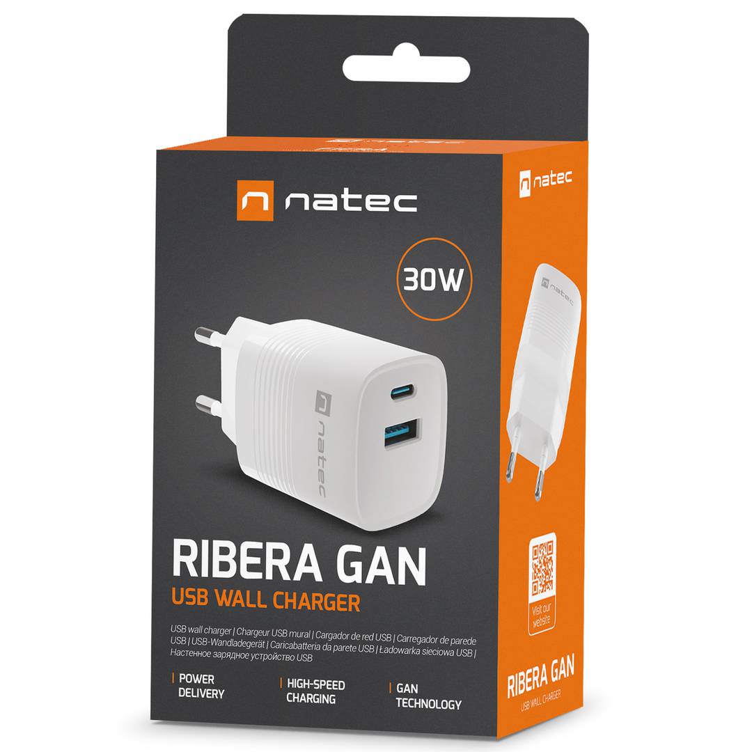 Carregador USB Natec Ribera GaN 1X USB-A + 1X USB-C 30W branco NUC-2140