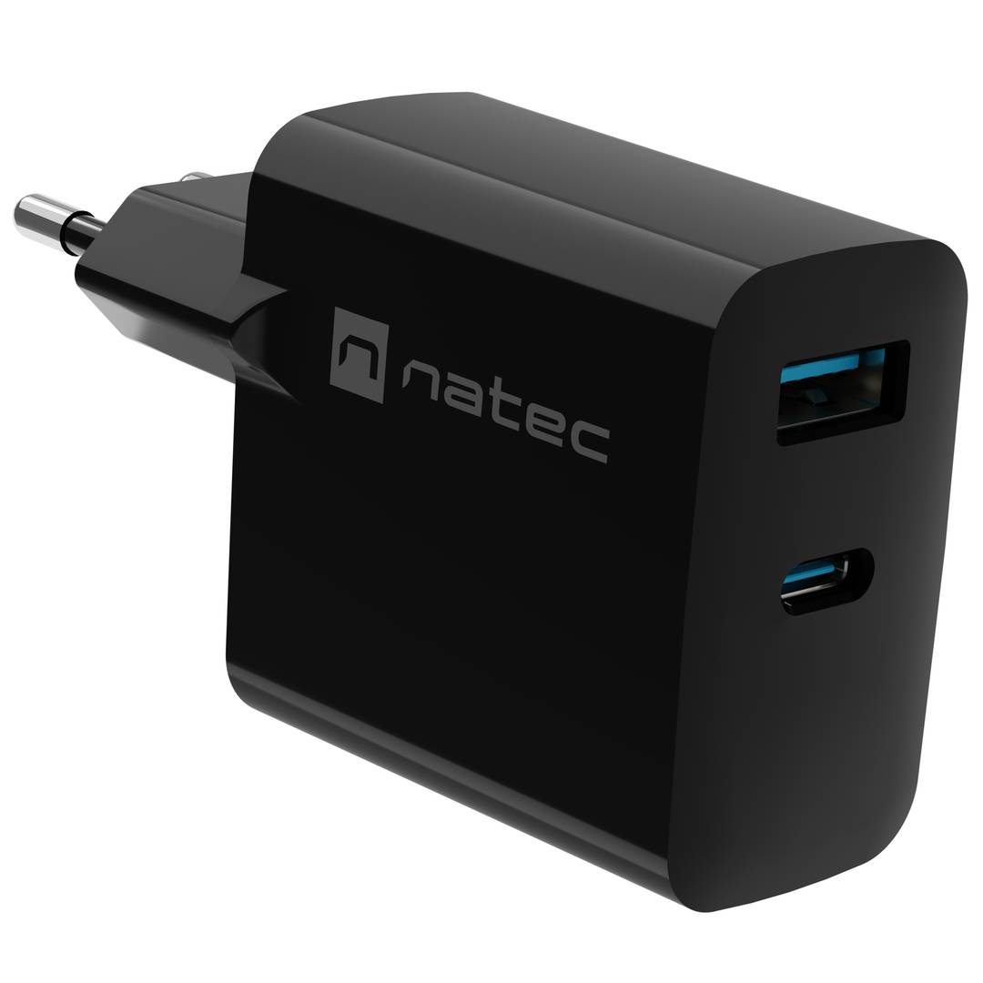 Natec Ribera GaN USB-lader 1X USB-A + 1X USB-C 45W zwart NUC-2143