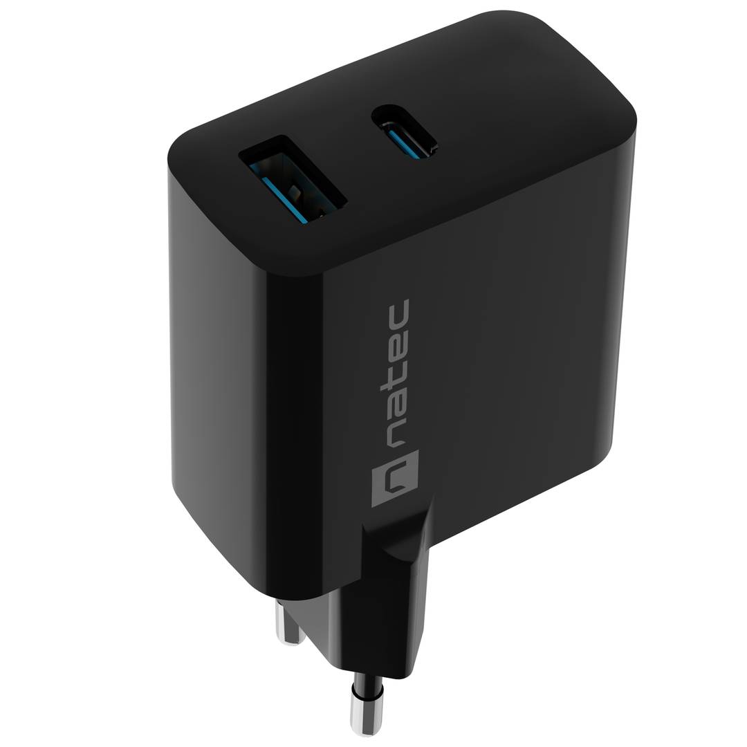 Natec Ribera GaN USB-lader 1X USB-A + 1X USB-C 45W zwart NUC-2143