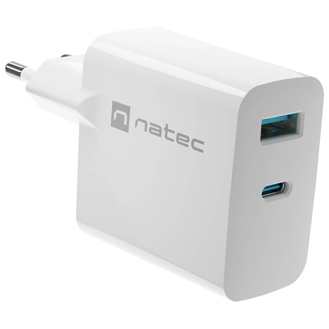 Carregador USB Natec Ribera GaN 1X USB-A + 1X USB-C 45W branco NUC-2142