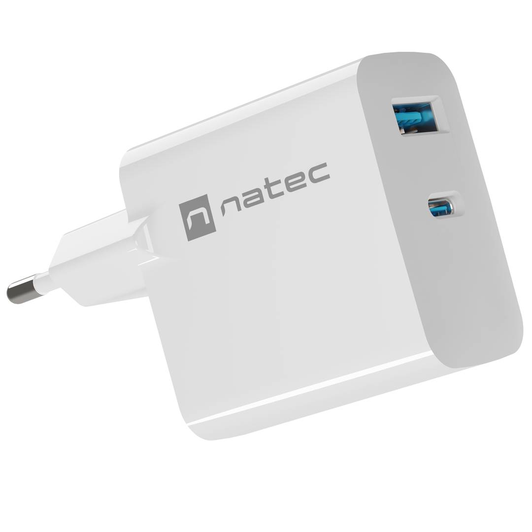 Carregador USB Natec Ribera GaN 1X USB-A + 1X USB-C 45W branco NUC-2142