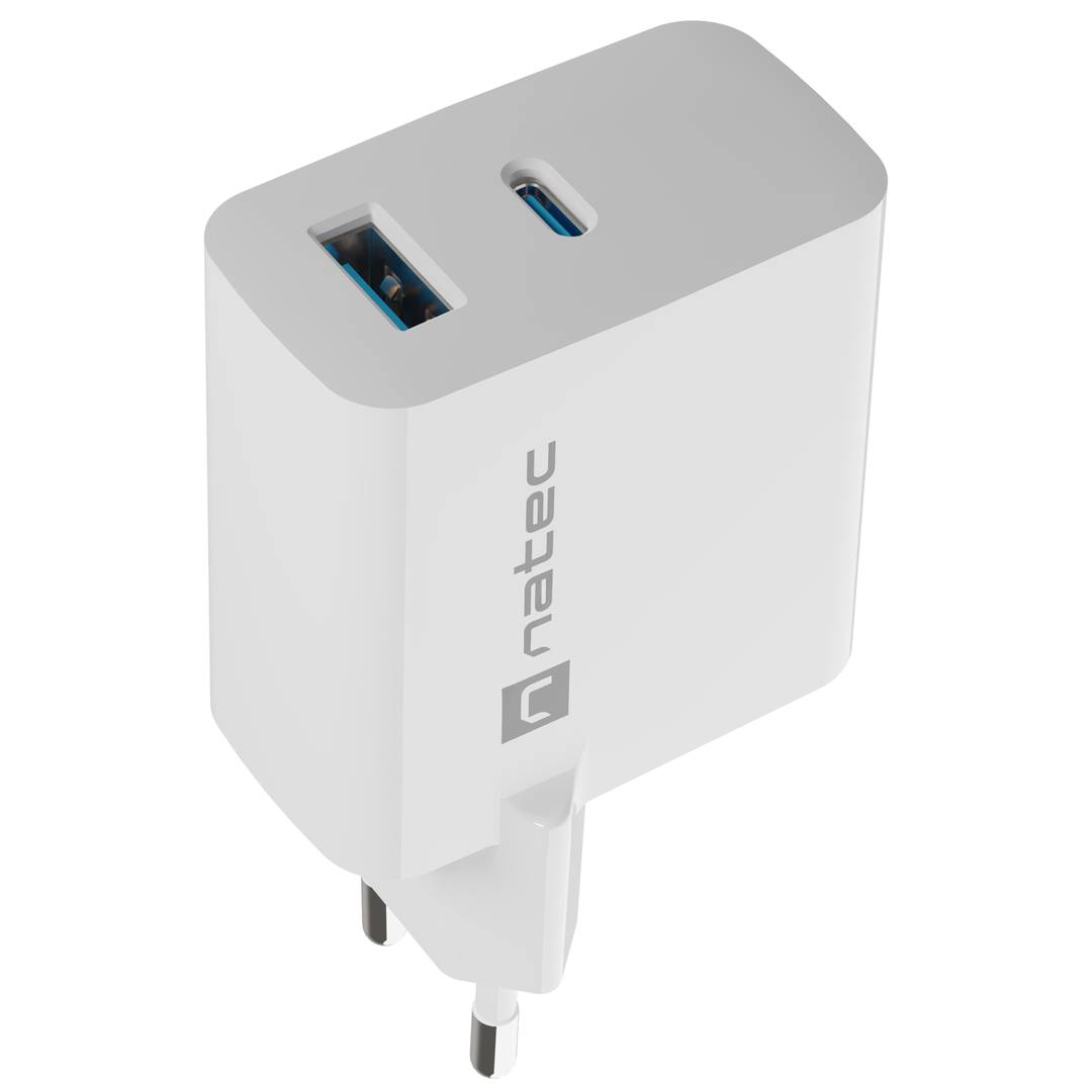 Carregador USB Natec Ribera GaN 1X USB-A + 1X USB-C 45W branco NUC-2142