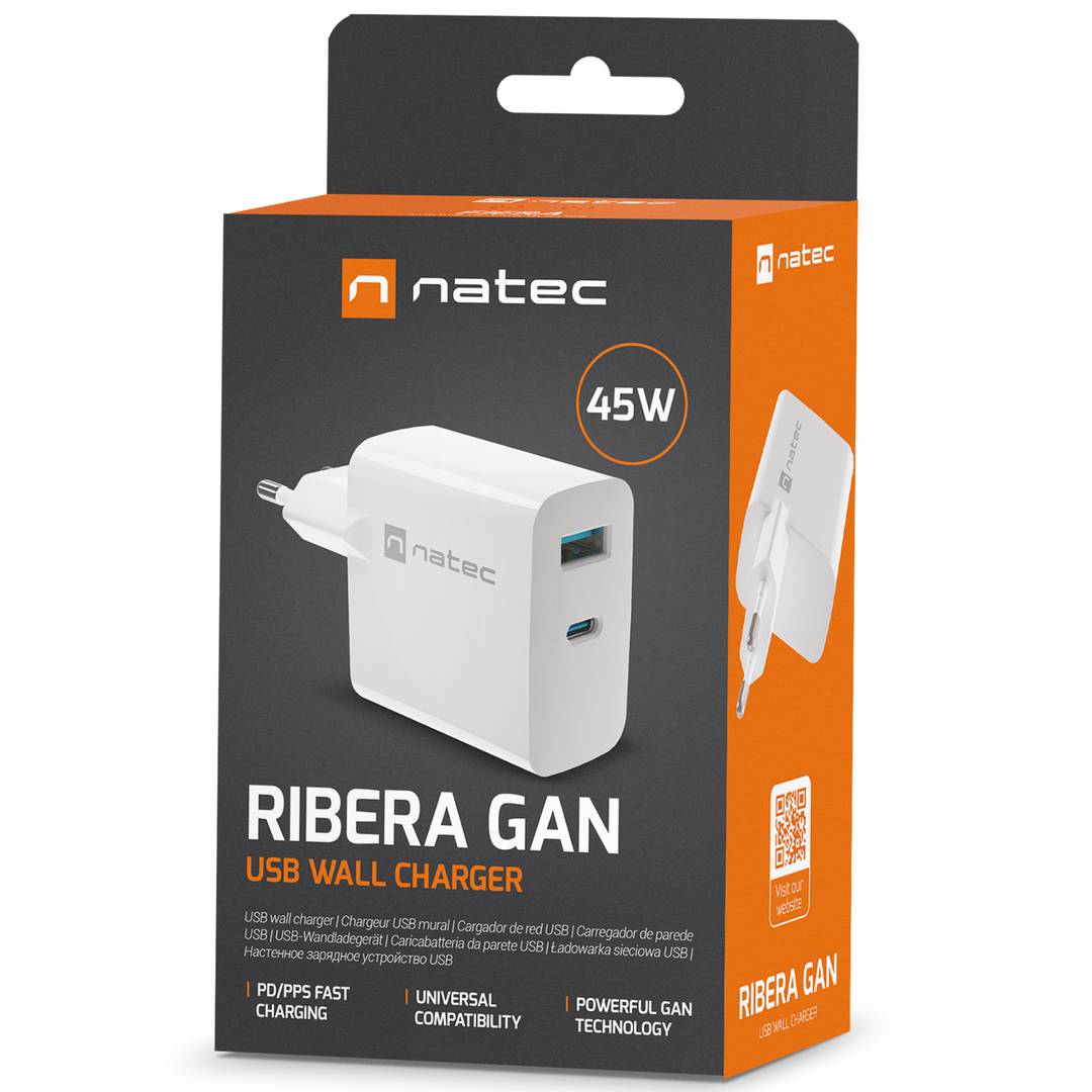 Carregador USB Natec Ribera GaN 1X USB-A + 1X USB-C 45W branco NUC-2142