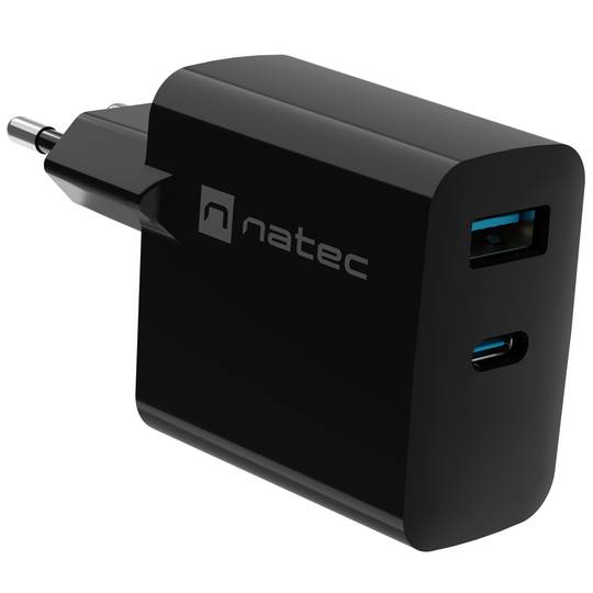 Natec Ribera GaN USB-lader 1X USB-A + 1X USB-C 65W zwart NUC-2145