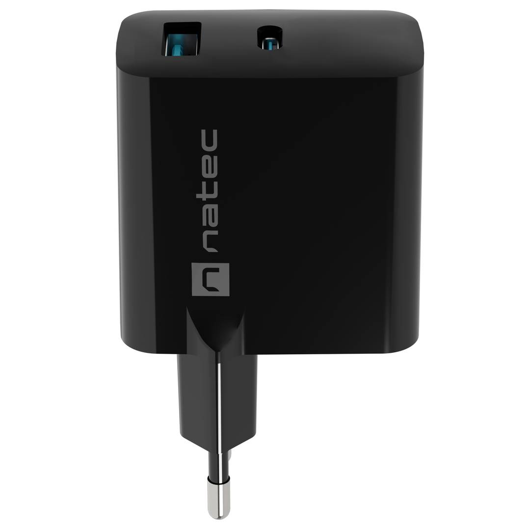 Natec Ribera GaN USB-lader 1X USB-A + 1X USB-C 65W zwart NUC-2145