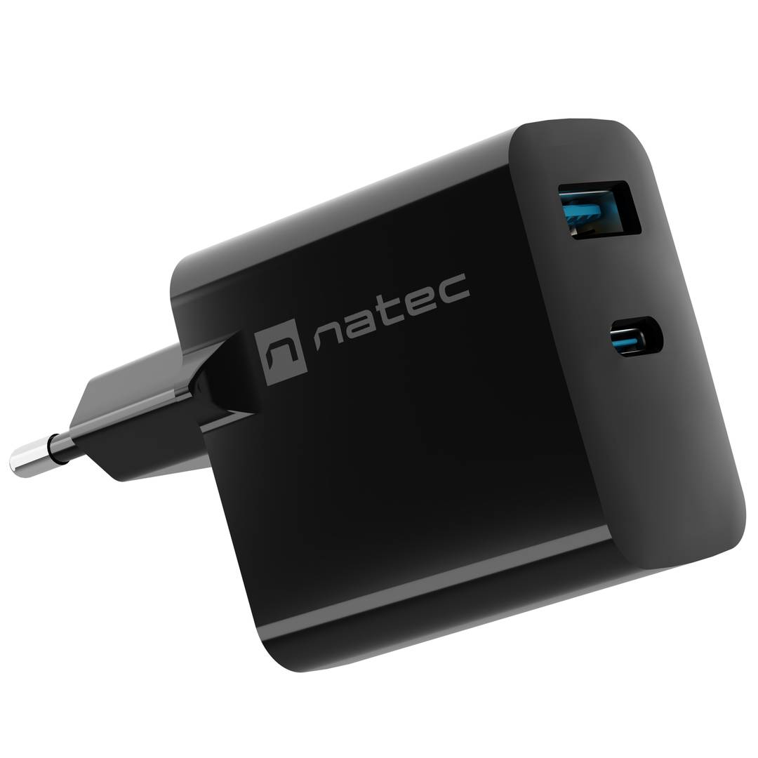 Natec Ribera GaN USB-lader 1X USB-A + 1X USB-C 65W zwart NUC-2145