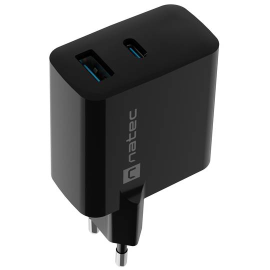 Natec Ribera GaN USB-lader 1X USB-A + 1X USB-C 65W zwart NUC-2145