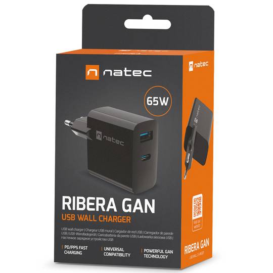 Natec Ribera GaN USB-lader 1X USB-A + 1X USB-C 65W zwart NUC-2145